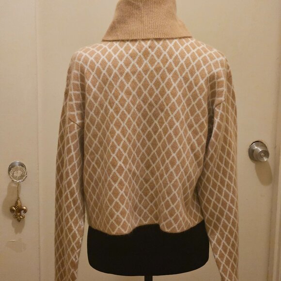CRUSH. XL 100% Cashmere Cropped Cowl Neck Diamond Patterned Sweater NWT - Picture 2 of 7